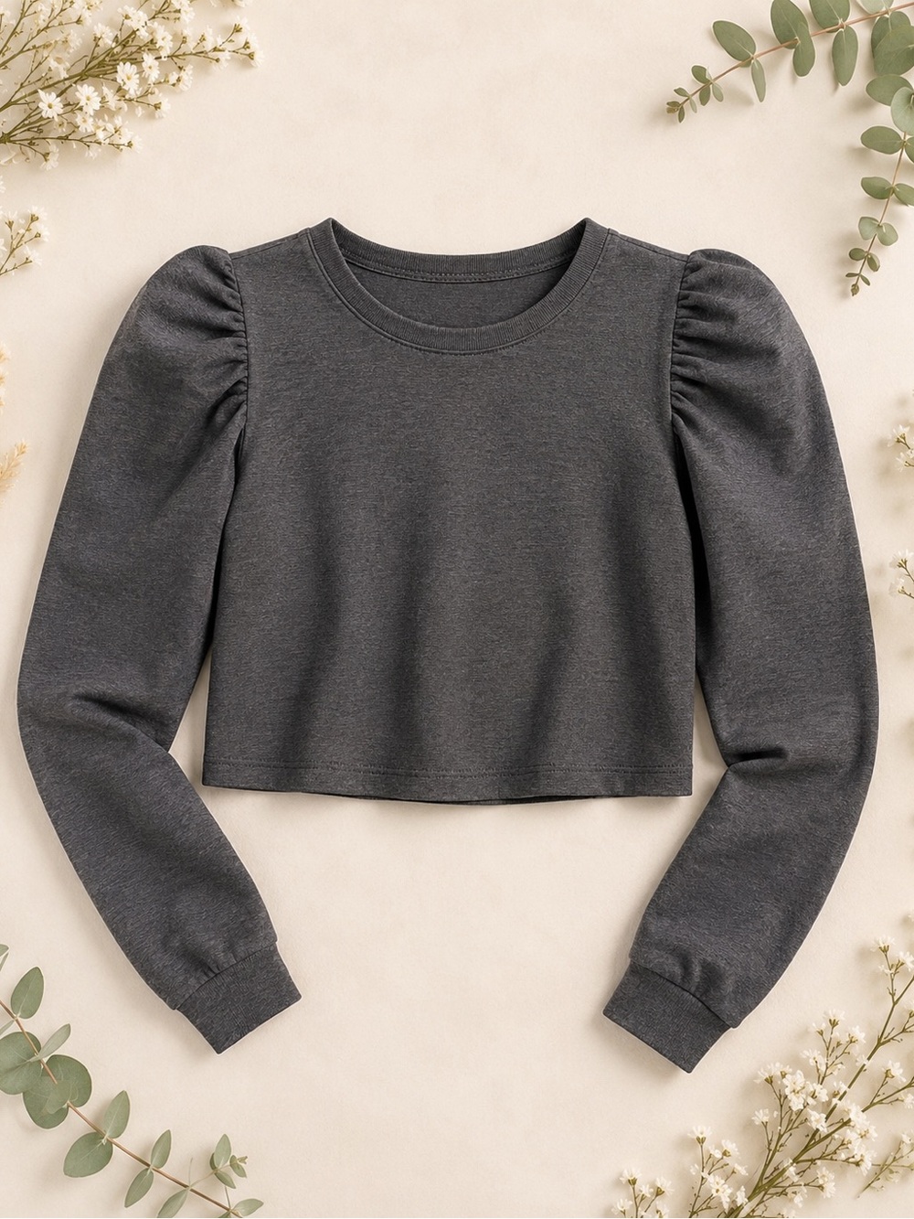 Zara Charcoal Puff-Sleeve Cropped Top - Women